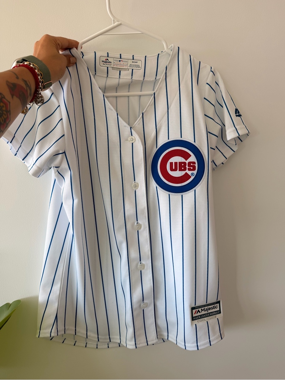 Majestic White Jersey with Blue Pinstripes and Red Logo Accents